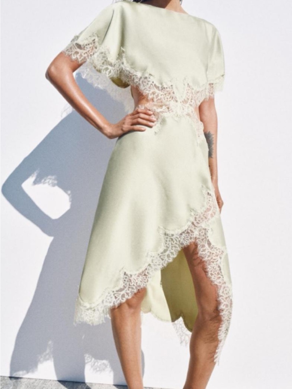 Zara Pale Green Asymmetrical Lace-Trim Dress